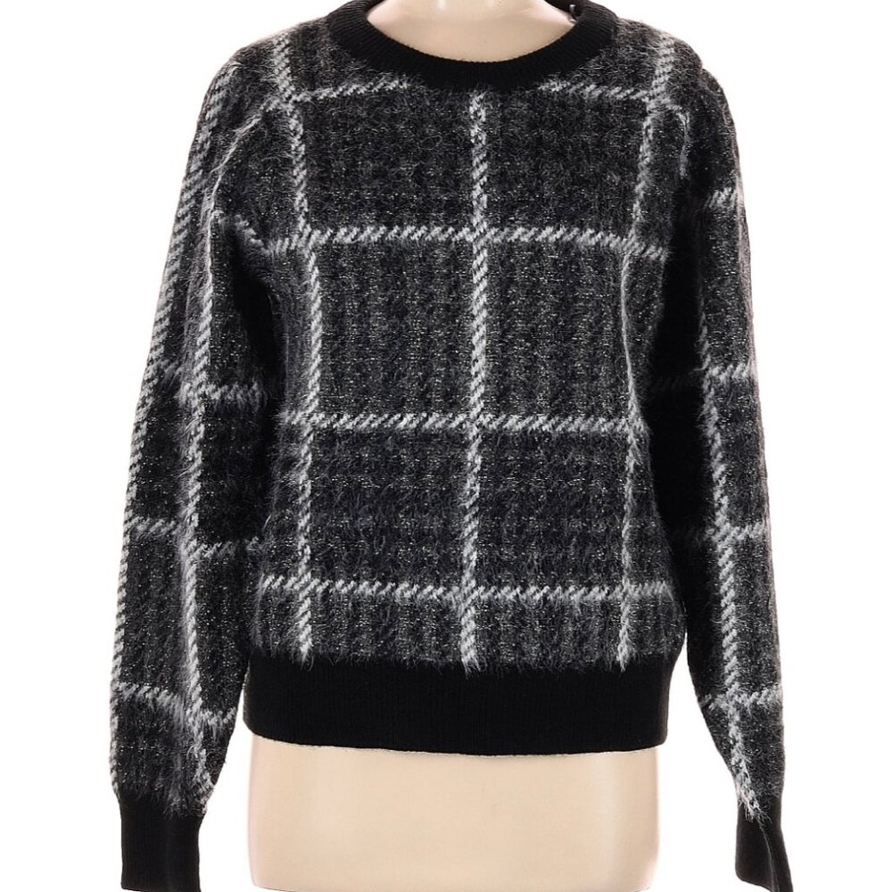 NWOT DKNY Crewneck Black & Ivory Plaid Fuzzy Sweater Knit
